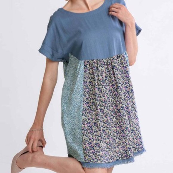 DYT T2 Umgee mixed print short dress S NWT linen blend - Picture 1 of 4